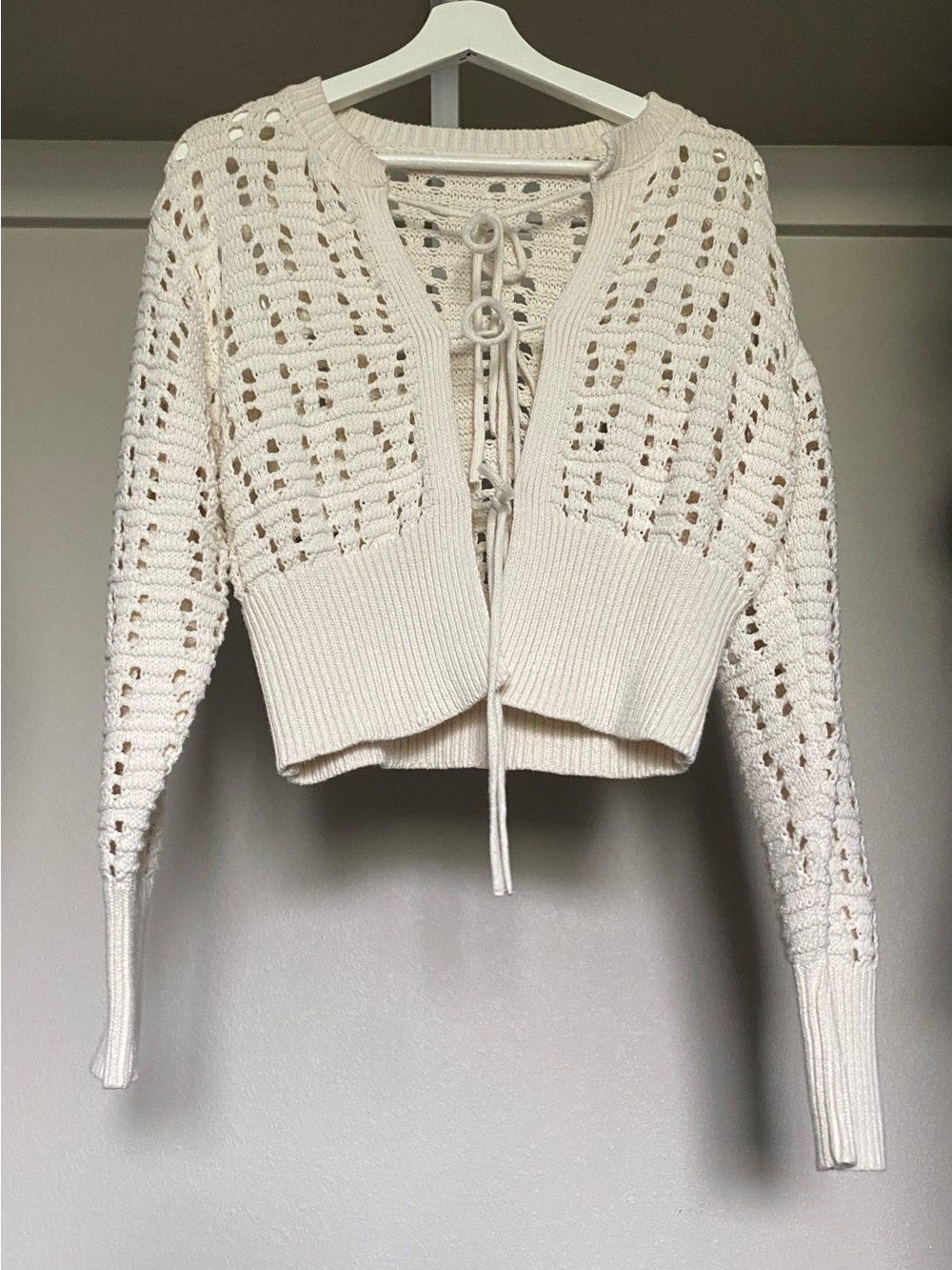 Crochet Tie-Front Cream Women's Sweater
